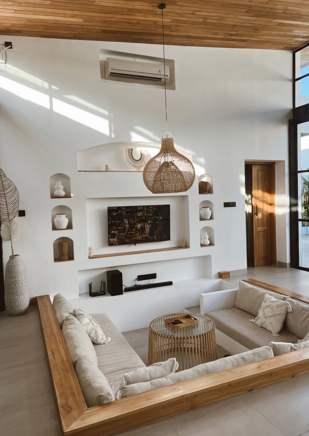 Rattan woven ceiling lamp, warm light in modern living room.