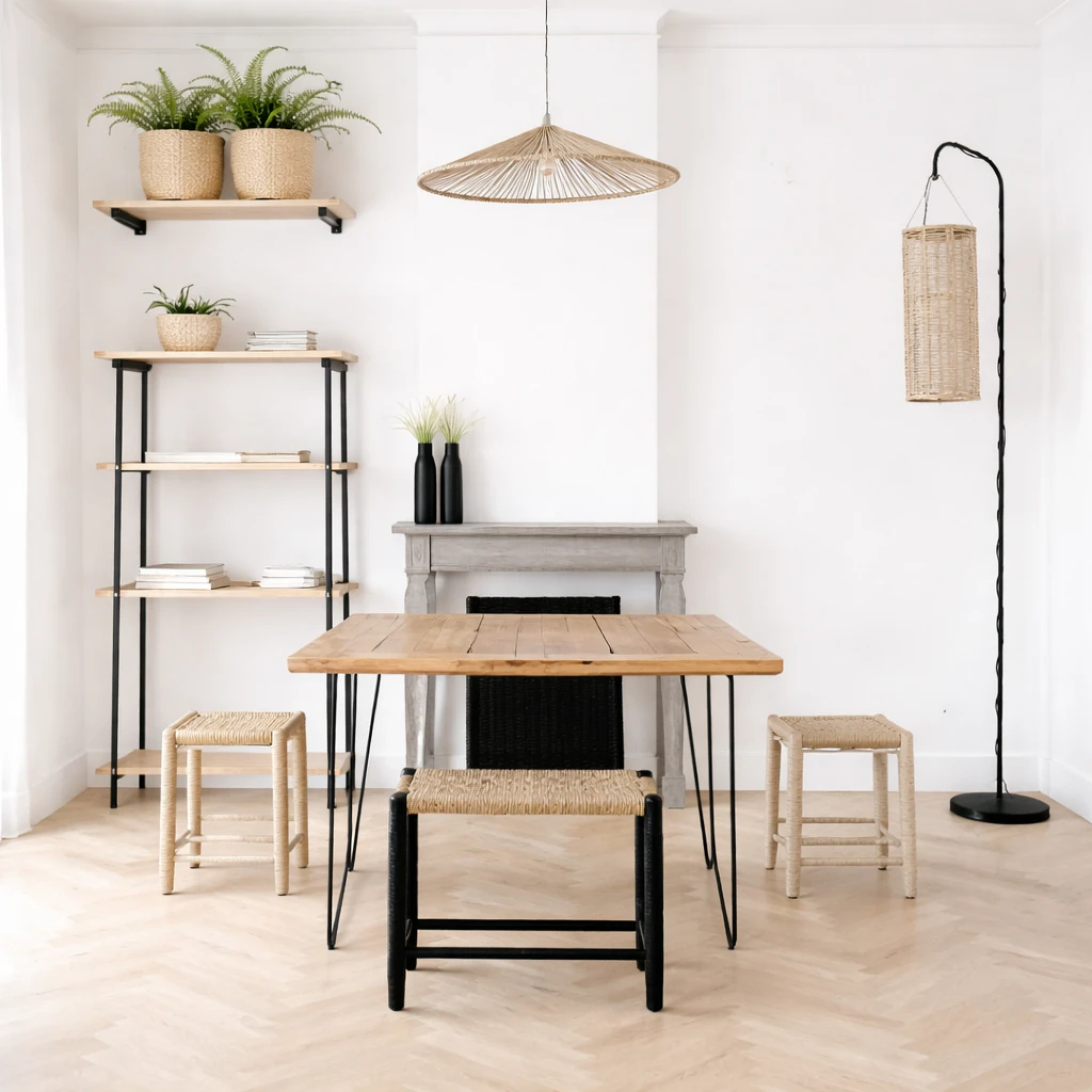 Woven ceiling lamp with reed shade above wood table in bright dining room.