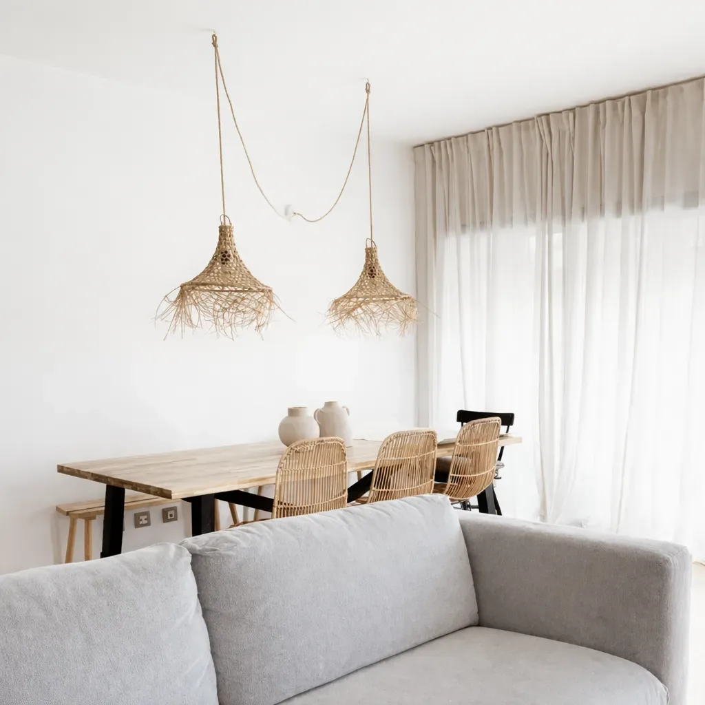 PītasLampas: Two reed ceiling lamps above dining table with rattan chairs.