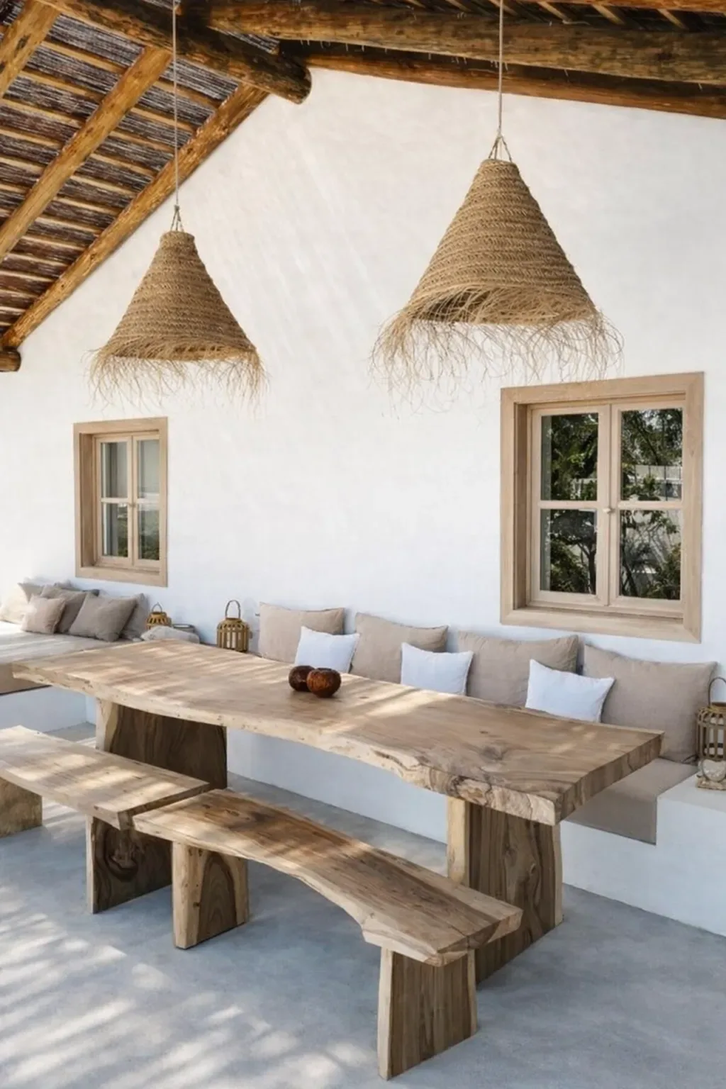 Two PītasLampas reed ceiling lamps above wood table on outdoor patio.